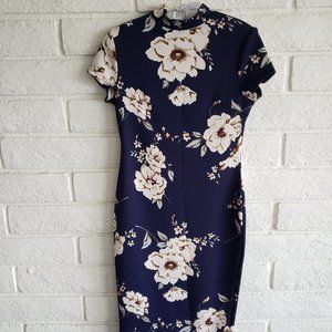 Floral Mock Neck Short Sleeve Midi Cocktail Dress Sz S